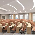 Tiered Modern Conference Room With Brown Chairs Curved Tables White Curved Ceiling Lights And Large Windows