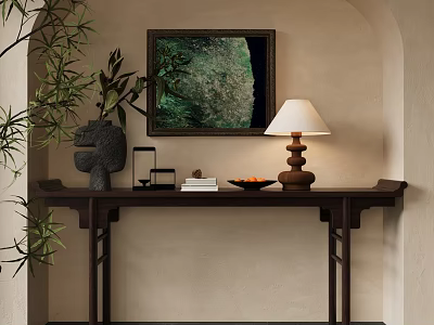 Dark Wooden Console Table With Black Sculpture Lamp Decorations Against Wall Painting And Green Plant 3d model