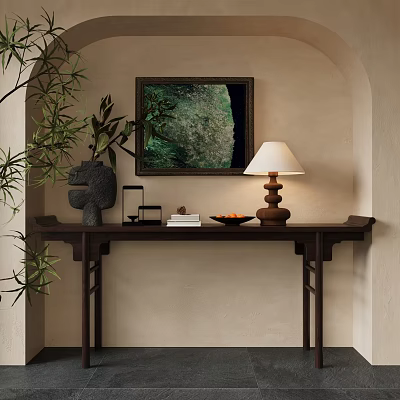 Dark Wooden Console Table With Black Sculpture Lamp Decorations Against Wall Painting And Green Plant 3d model