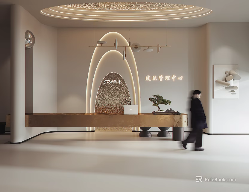 Modern Front Desk Reception With Curved Arch Wooden Counter Greenery Decorative Painting And Lighting Design 3d model 