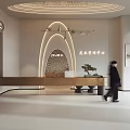 Modern Front Desk Reception With Curved Arch Wooden Counter Greenery Decorative Painting And Lighting Design