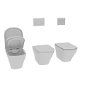 Three White Wall Mounted Toilets on Grey Tiled Wall with Control Panels