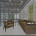 Modern Café Interior Design With Chandeliers Green Living Wall Large Windows And Wooden Tables