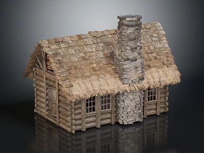 Rustic Log Cabin With Thatch Roof Stone Chimney Log Walls And Wooden Windows 3d model