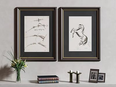 Framed Abstract Paintings On Wall With Decorative Vase Books And Candle Holders 3d model