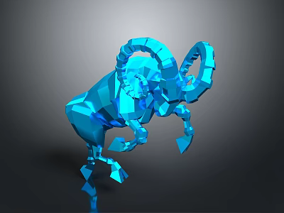 Modern Blue Low Poly Ram Sculpture With Geometric Shapes And Reflection 3d model