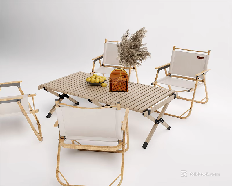 Outdoor Folding Table and Chairs Set with Metal Frame White Cushions Fruits and Wicker Basket 3d model 