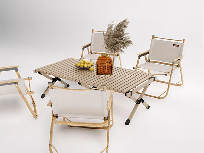 Outdoor Folding Table and Chairs Set with Metal Frame White Cushions Fruits and Wicker Basket 3d model