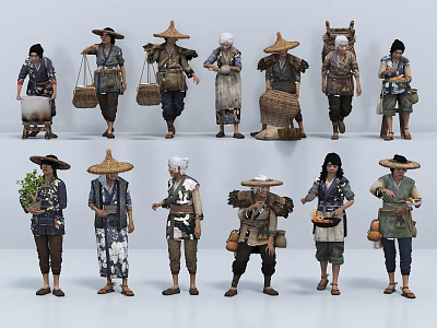 Multiple People Wearing Traditional Clothing With Bamboo Hats And Carrying Tools In Various Poses 3d model