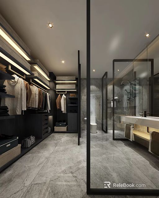Modern Luxury Bathroom With Attached Functional Walk In Closet And Sleek Glass Partition Design 3d model 
