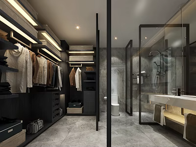 Modern Luxury Bathroom With Attached Functional Walk In Closet And Sleek Glass Partition Design 3d model
