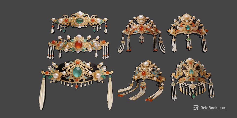 Intricate Traditional Ornate Pendants With Pearl Gemstone Accents And Golden Tassels 3d model 