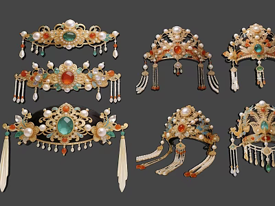 Intricate Traditional Ornate Pendants With Pearl Gemstone Accents And Golden Tassels 3d model