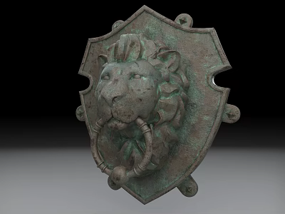Detailed Bronze Shield Shaped Lion Head Sculpture With Ring Door Knocker 3d model