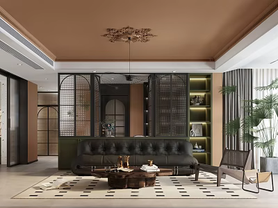 Stylish Modern Living and Dining Room Interior With Black Leather Sofa Coffee Table And Chandelier 3d model