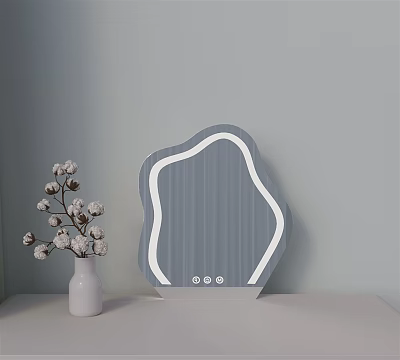 Irregular Shaped LED Mirror With Cotton Branch In White Vase On Table 3d model