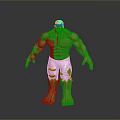 Hulk Toy With Green Skin Muscular Build Black Torn Shorts Standing Pose On Gray Background