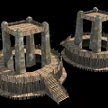 Ancient Circular Structures With Stone Pillars Wooden Fences And Platform Steps 3d model