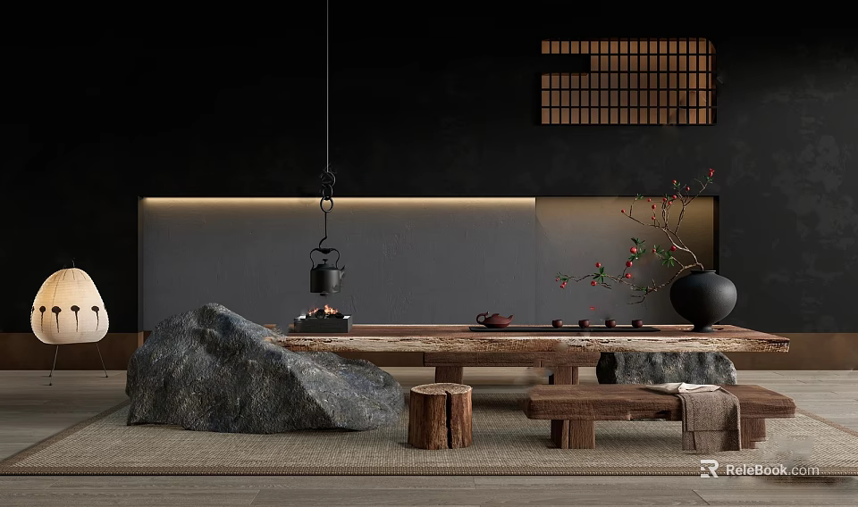 Traditional Japanese Tea Room Interior With Hanging Teapot Wooden Table And Stone Decor 3d model 