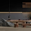 Traditional Japanese Tea Room Interior With Hanging Teapot Wooden Table And Stone Decor