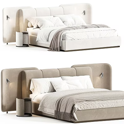 Modern Double Bed With Upholstered Headboard White Pillows Gray Blanket And Nightstand 3d model