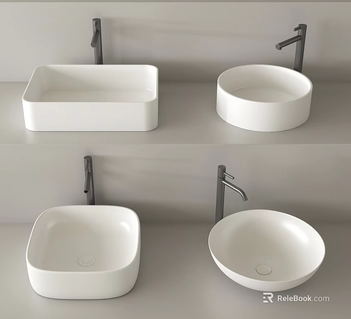 Contemporary Different Shapes White Bathroom Washbasins With Modern Faucets On Countertop 3d model 