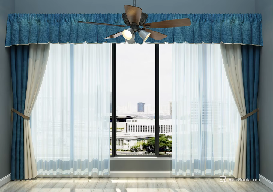 Ceiling Mounted Air Conditioner Fan With Blue White Curtains And City View Window 3d model 