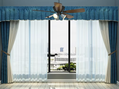 Ceiling Mounted Air Conditioner Fan With Blue White Curtains And City View Window 3d model