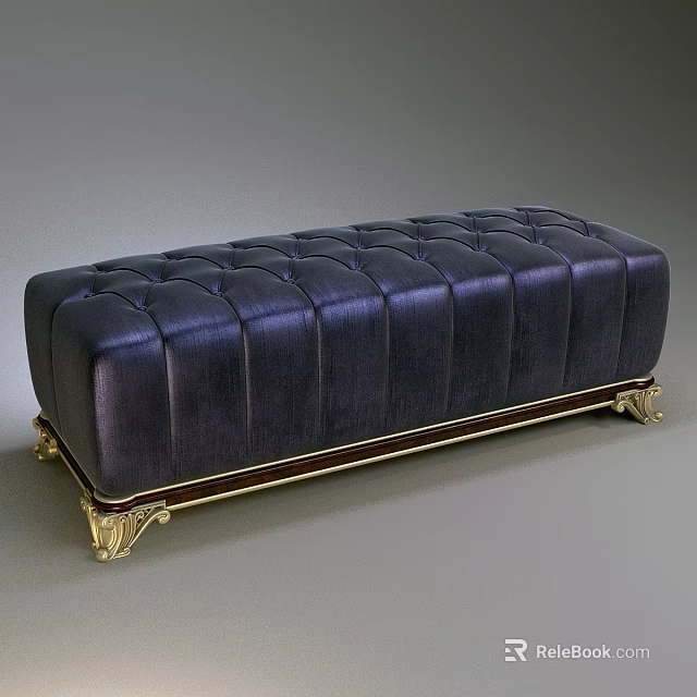 Elegant Dark Leather Sofa Bench With Tufted Design And Golden Legs 3d model 