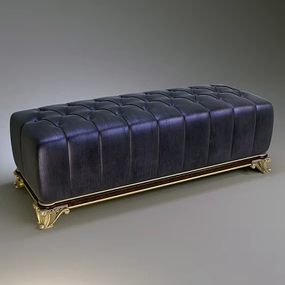 Elegant Dark Leather Sofa Bench With Tufted Design And Golden Legs 3d model