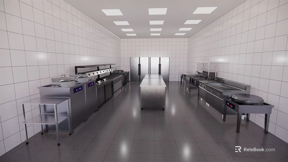 Commercial Kitchen Interior With Stainless Steel Equipment White Tiled Walls And Gray Floor Tiles 3d model 