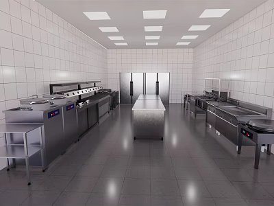 Commercial Kitchen Interior With Stainless Steel Equipment White Tiled Walls And Gray Floor Tiles 3d model