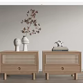 Natural Wood Nightstands with Rattan Drawers White Vases Branch Decor Stacked Books and Deer Figurine