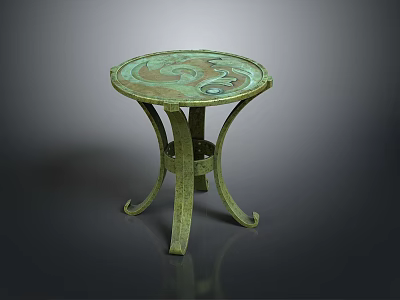 Round Bronze Dining Table Design With Carved Surface And Curved Tripod Legs 3d model