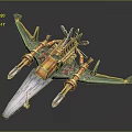 Futuristic Green And Gold Spacecraft With Wings And Engines In Cosmic Design