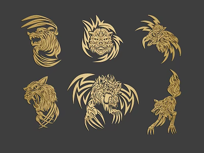 Golden Stylish Animal Wall Decor with Lion Wolf Artistic Designs for Home Decoration 3d model