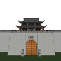Chinese Ancient Architecture With Pagoda Tower City Wall Wooden Gate And Stone Lions