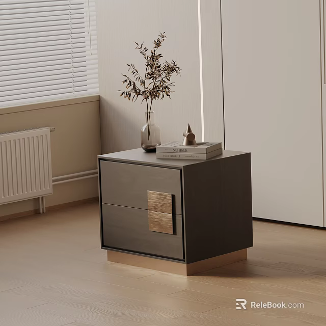 Modern Dark Wood Bedside Table With Gold Accent Drawer And Vase In Minimalist Bedroom 3d model 