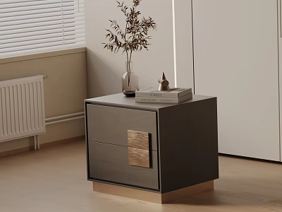 Modern Dark Wood Bedside Table With Gold Accent Drawer And Vase In Minimalist Bedroom 3d model