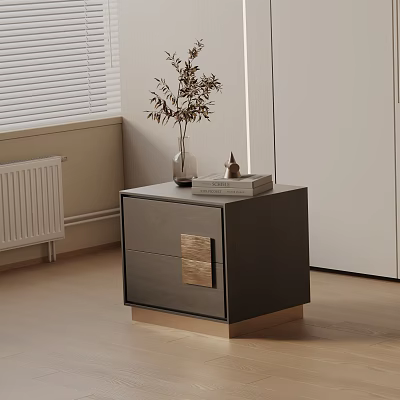 Modern Dark Wood Bedside Table With Gold Accent Drawer And Vase In Minimalist Bedroom 3d model