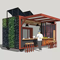 Food Truck Exterior With Red Awning Chef And Counter Stools Fruits
