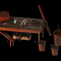 Vintage Wooden Workshop Tools With Tool Chest Knives Rope Buckets And Stool
