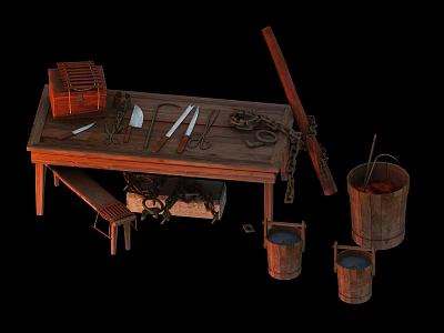 Vintage Wooden Workshop Tools With Tool Chest Knives Rope Buckets And Stool 3d model