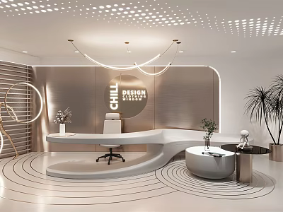 Modern Elegant Reception Desk Design With Curved Counter Lighting And Plants 3d model