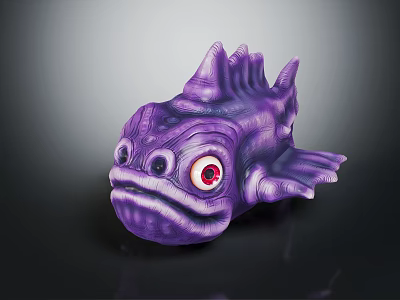 Purple Large Eyed Fantasy Fish Creature Character With Red Pupils Unique Head And Spiky Fins 3d model