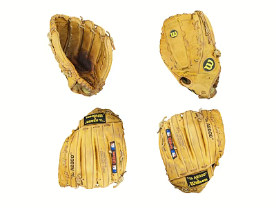 Different Angles View of Vintage Leather Baseball Gloves With Brand Logos and Stitching Details 3d model