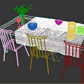 Wooden Dining Table Set With Dark Chairs Beige Tablecloth Green Plant And Dark Bowls