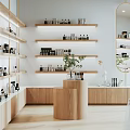 Modern Specialty Store Interior Featuring Wooden Shelves Product Displays Round Mirror And Potted Plant 3d model