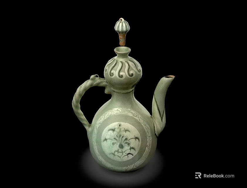 Traditional Green Ceramic Vessel Featuring Floral Pattern Curved Spout Handle and Decorative Lid Classic Design 3d model 