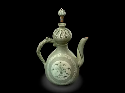 Traditional Green Ceramic Vessel Featuring Floral Pattern Curved Spout Handle and Decorative Lid Classic Design 3d model